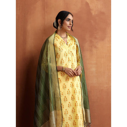 House of Chikankari Women's Floral Hand Block Printed Kurta with Pant and Dupatta (Set of 3)