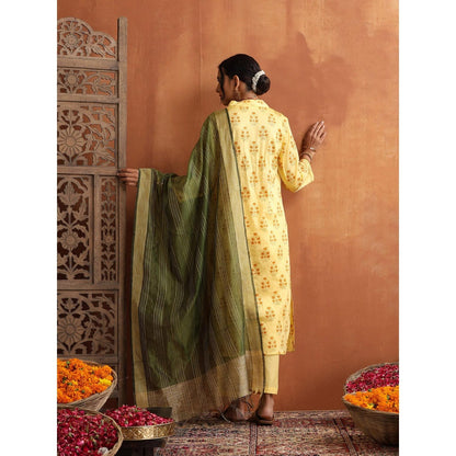House of Chikankari Women's Floral Hand Block Printed Kurta with Pant and Dupatta (Set of 3)