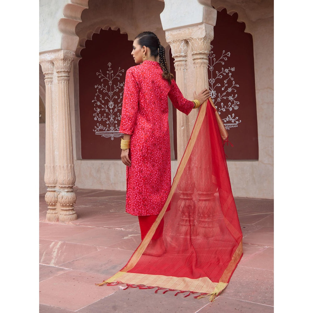 House of Chikankari Women's Hand Block Printed Kurta with Pant and Dupatta (Set of 3)