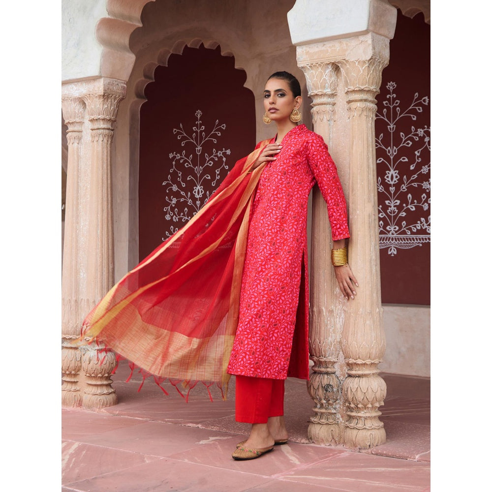 House of Chikankari Women's Hand Block Printed Kurta with Pant and Dupatta (Set of 3)