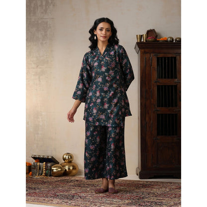 House of Chikankari Women's Pashmina Floral Print Kurti with Palazzo and Belt (Set of 3)