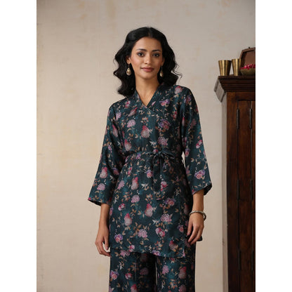 House of Chikankari Women's Pashmina Floral Print Kurti with Palazzo and Belt (Set of 3)