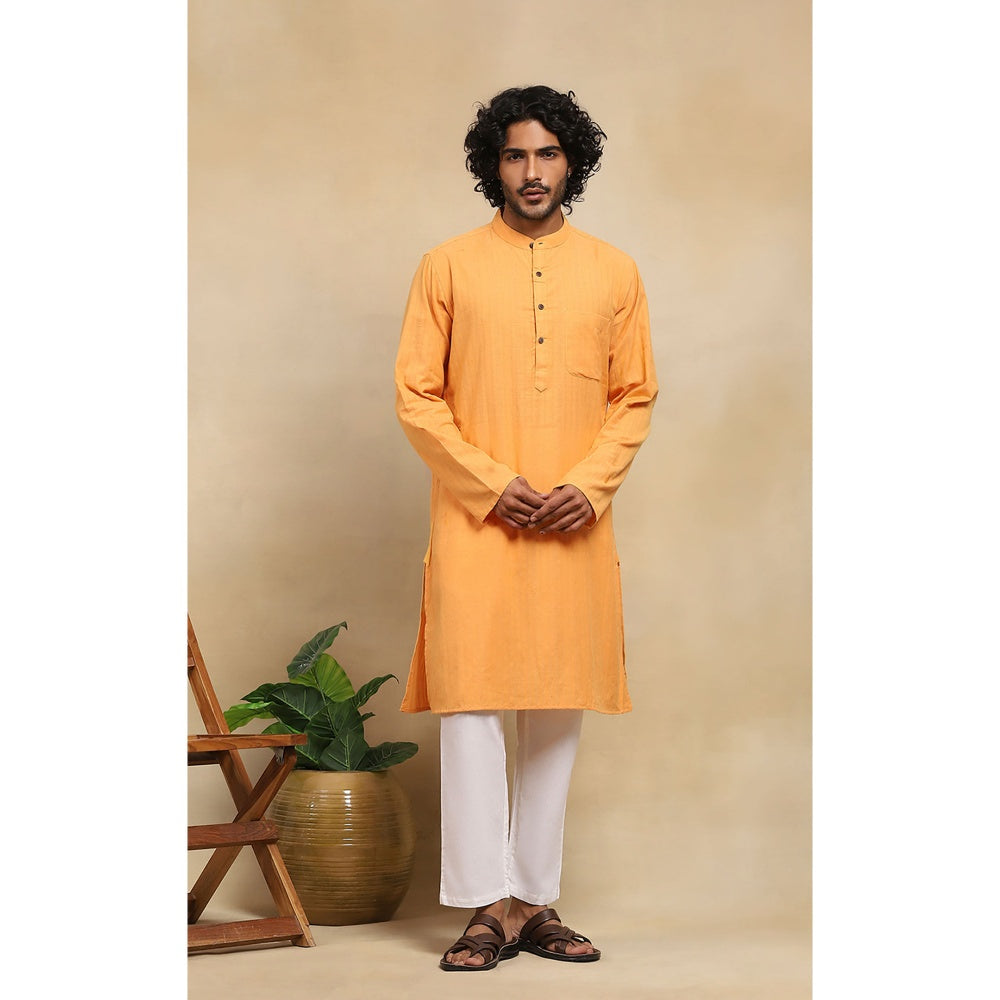 House of Chikankari Crafts Handloom Stripe Men Mustard Long Kurta