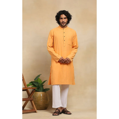 House of Chikankari Crafts Handloom Stripe Men Mustard Long Kurta