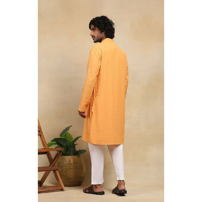 House of Chikankari Crafts Handloom Stripe Men Mustard Long Kurta