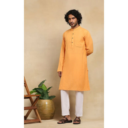 House of Chikankari Crafts Handloom Stripe Men Mustard Long Kurta