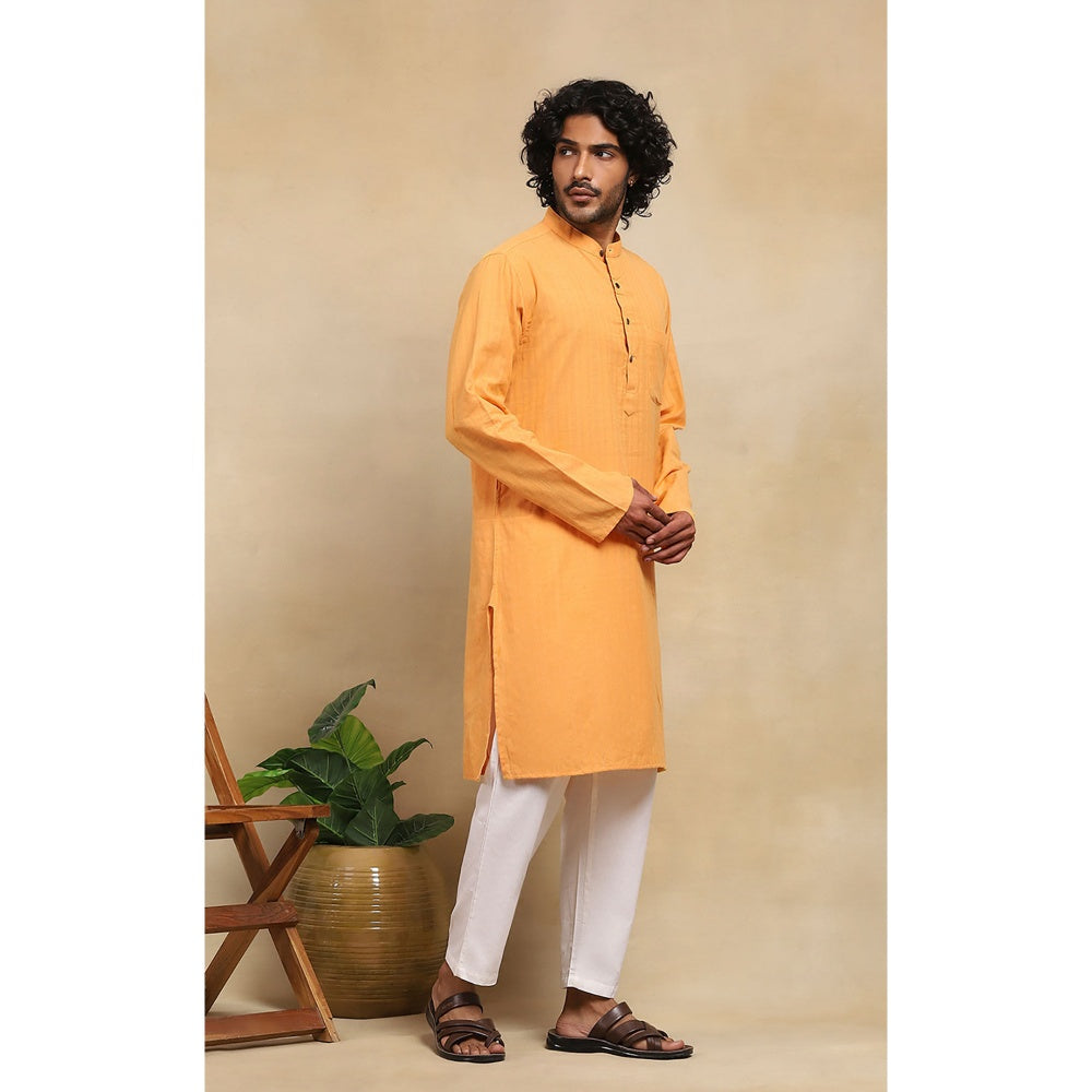 House of Chikankari Crafts Handloom Stripe Men Mustard Long Kurta