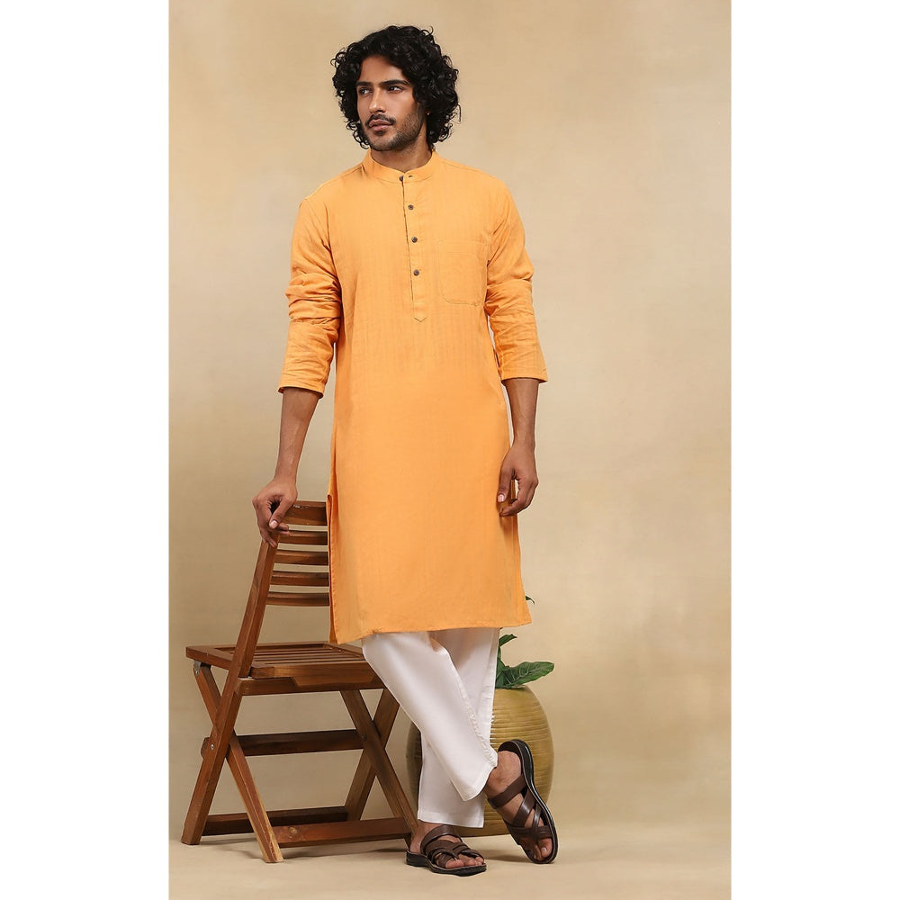 House of Chikankari Crafts Handloom Stripe Men Mustard Long Kurta