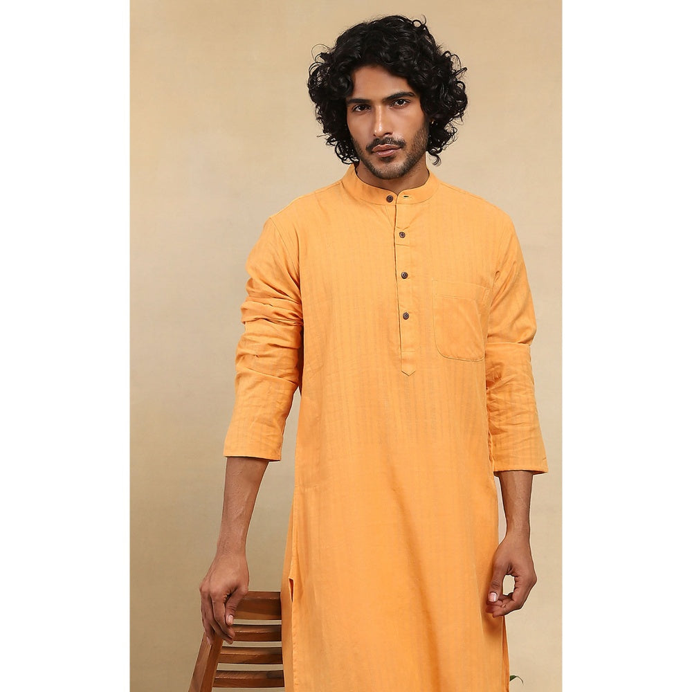 House of Chikankari Crafts Handloom Stripe Men Mustard Long Kurta