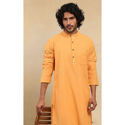 House of Chikankari Crafts Handloom Stripe Men Mustard Long Kurta