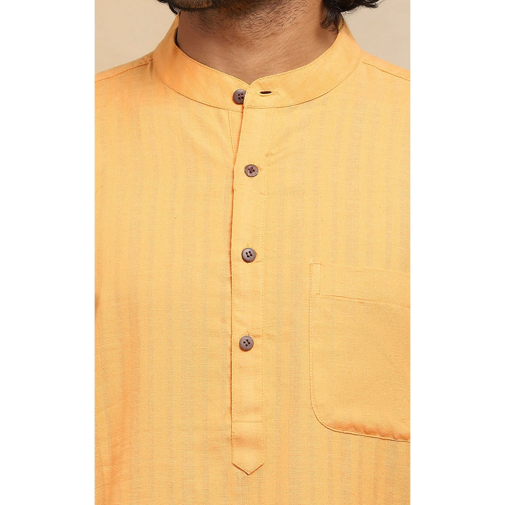 House of Chikankari Crafts Handloom Stripe Men Mustard Long Kurta