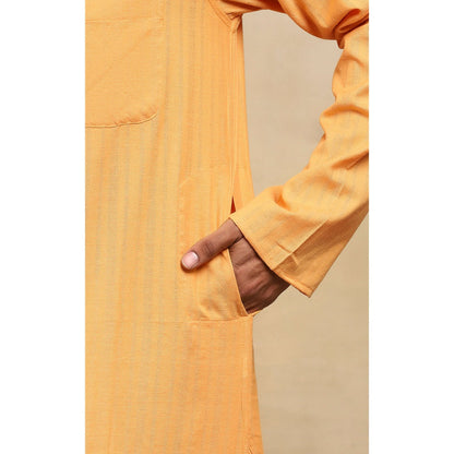 House of Chikankari Crafts Handloom Stripe Men Mustard Long Kurta