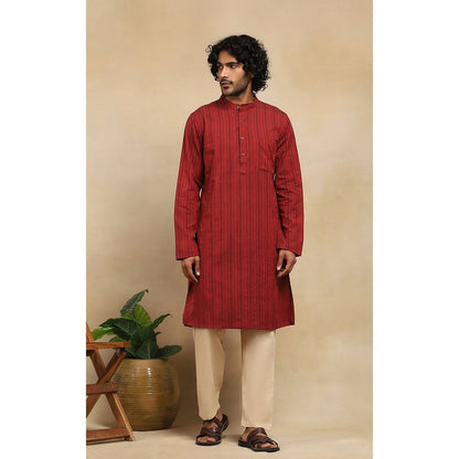 House of Chikankari Crafts Handloom Stripe Men Maroon Long Kurta