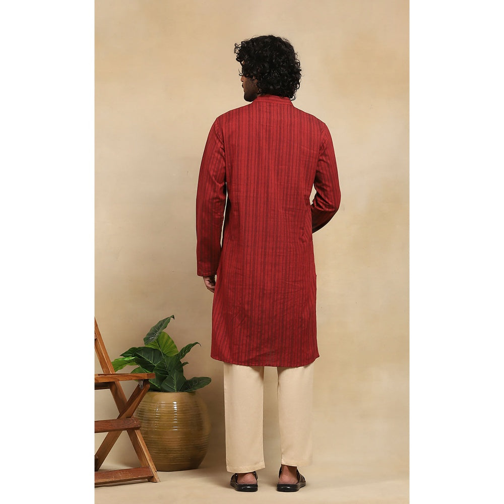 House of Chikankari Crafts Handloom Stripe Men Maroon Long Kurta