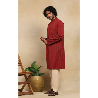 House of Chikankari Crafts Handloom Stripe Men Maroon Long Kurta