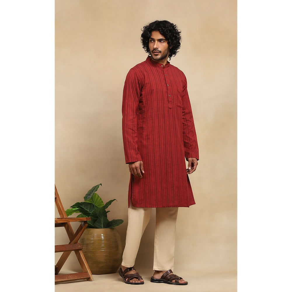 House of Chikankari Crafts Handloom Stripe Men Maroon Long Kurta