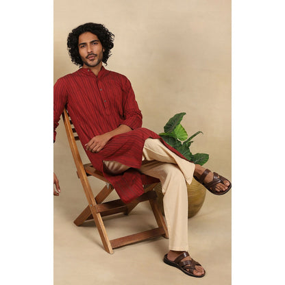House of Chikankari Crafts Handloom Stripe Men Maroon Long Kurta