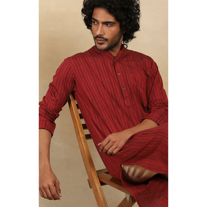 House of Chikankari Crafts Handloom Stripe Men Maroon Long Kurta