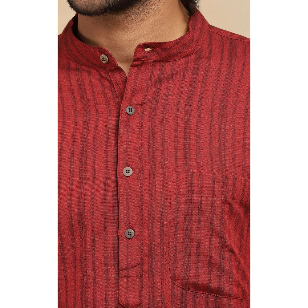 House of Chikankari Crafts Handloom Stripe Men Maroon Long Kurta