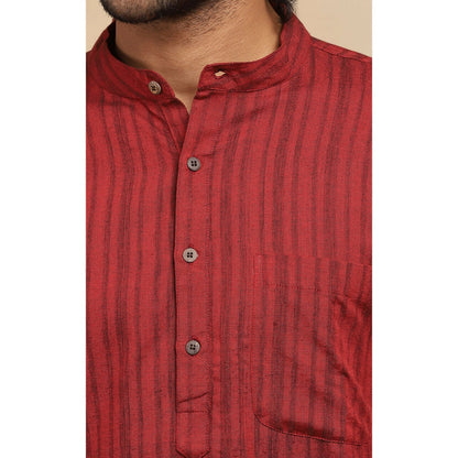 House of Chikankari Crafts Handloom Stripe Men Maroon Long Kurta