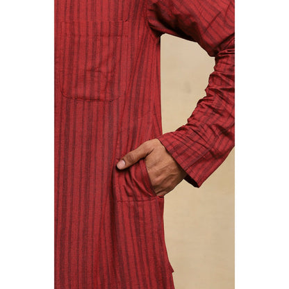 House of Chikankari Crafts Handloom Stripe Men Maroon Long Kurta