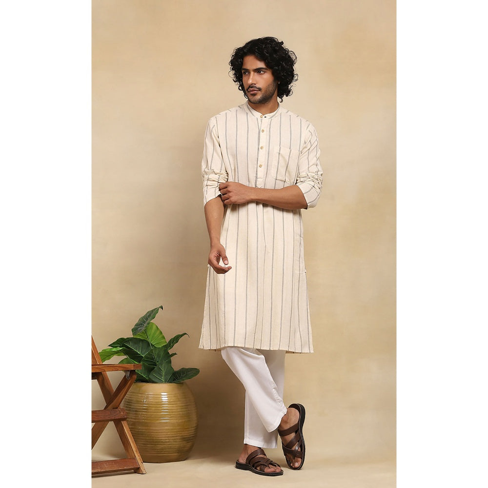 House of Chikankari Crafts Handloom Stripe Men Beige Long Kurta