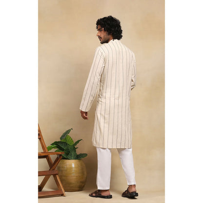 House of Chikankari Crafts Handloom Stripe Men Beige Long Kurta