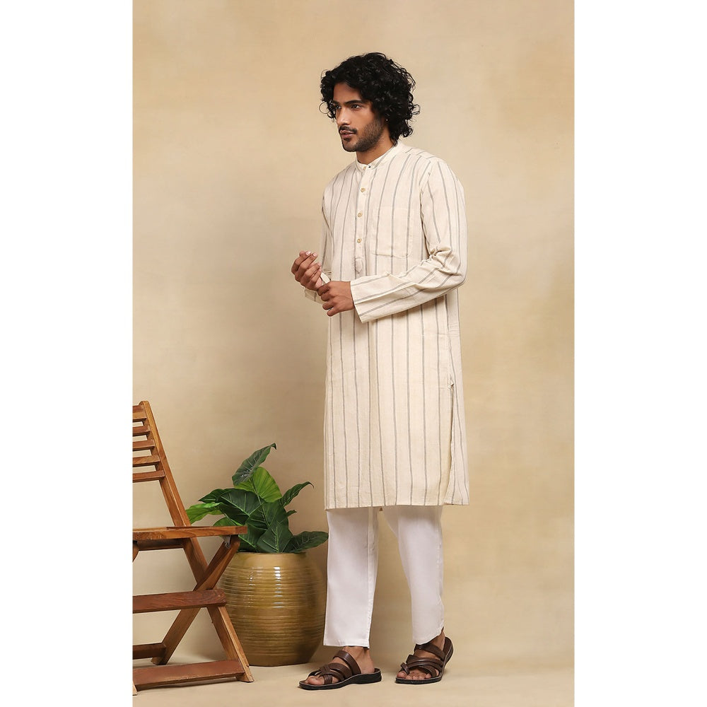 House of Chikankari Crafts Handloom Stripe Men Beige Long Kurta