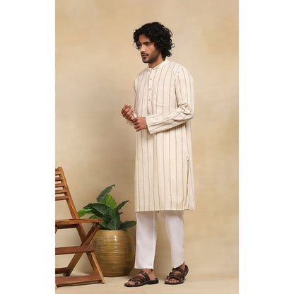 House of Chikankari Crafts Handloom Stripe Men Beige Long Kurta