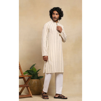 House of Chikankari Crafts Handloom Stripe Men Beige Long Kurta