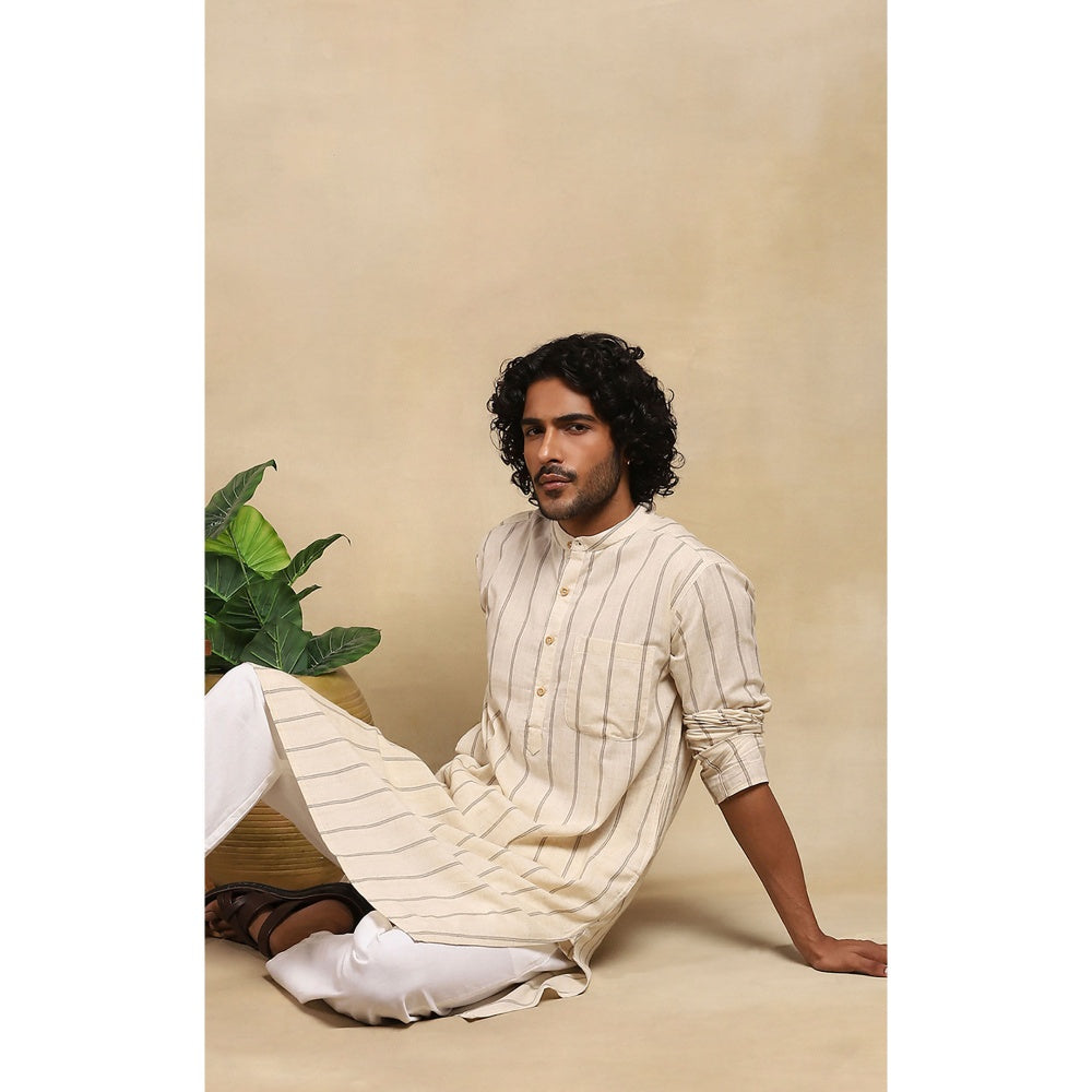 House of Chikankari Crafts Handloom Stripe Men Beige Long Kurta