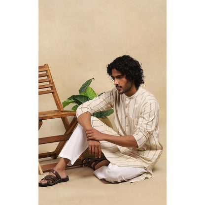House of Chikankari Crafts Handloom Stripe Men Beige Long Kurta