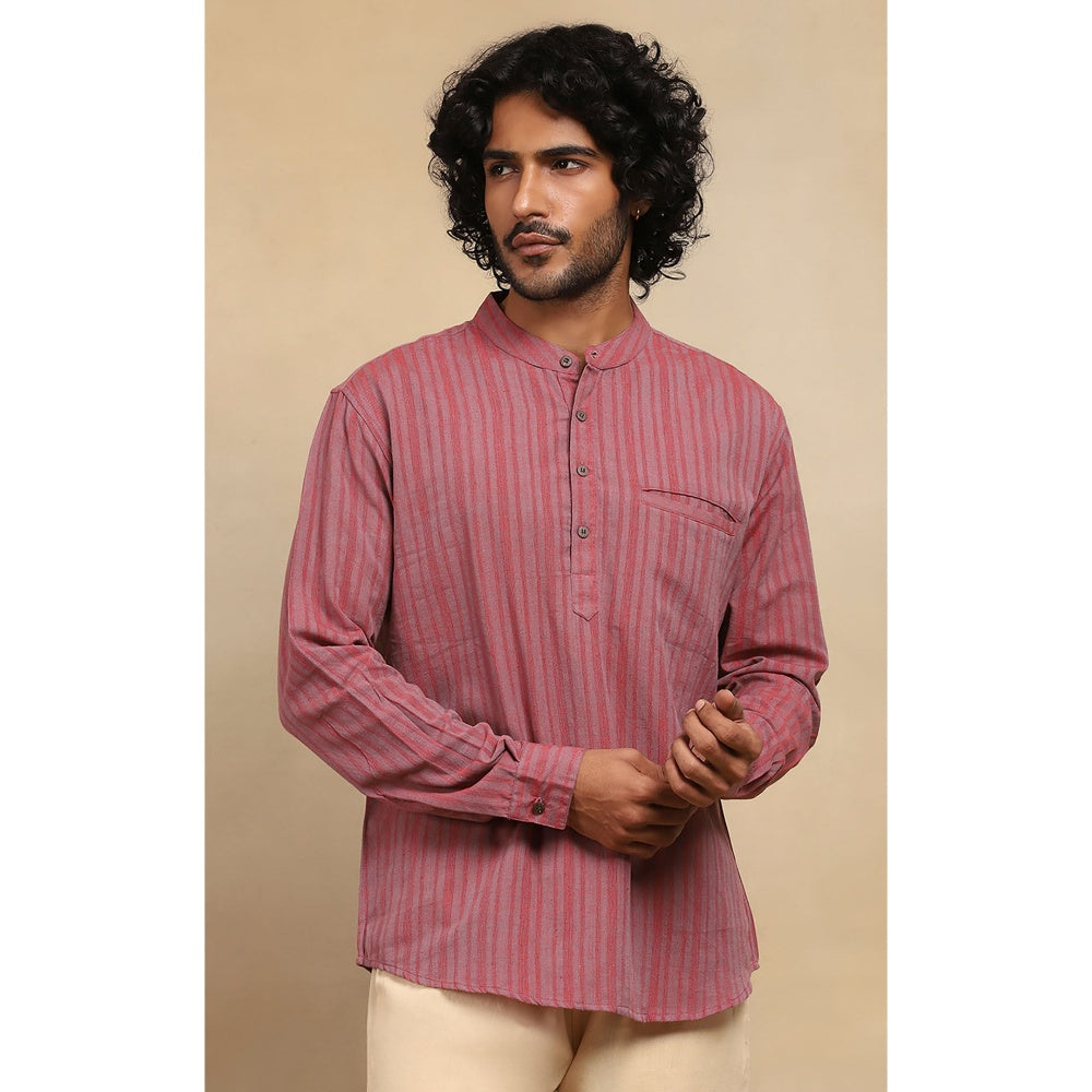 House of Chikankari Crafts Handloom Stripe Men Red Short Kurta