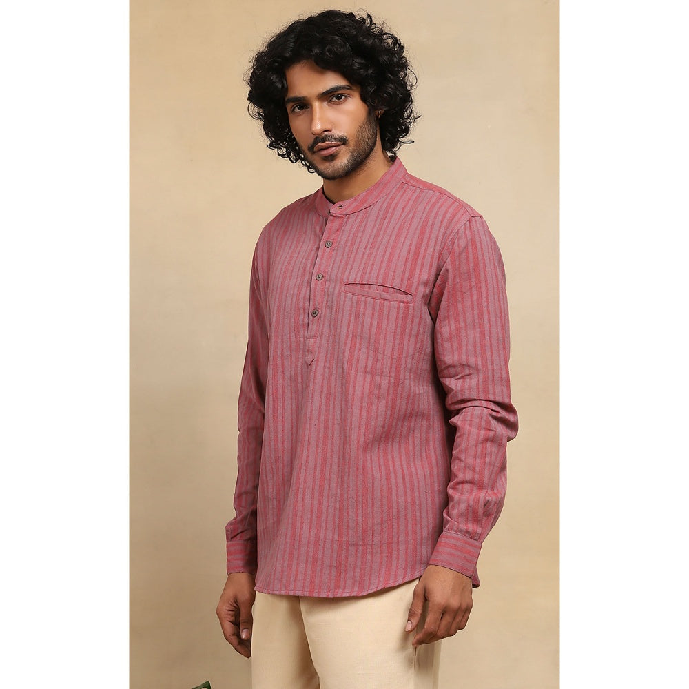 House of Chikankari Crafts Handloom Stripe Men Red Short Kurta