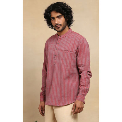 House of Chikankari Crafts Handloom Stripe Men Red Short Kurta