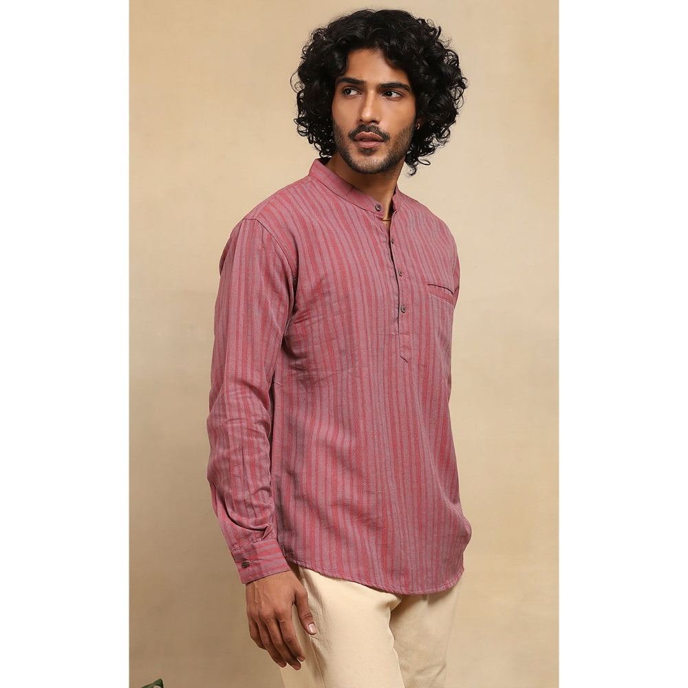 House of Chikankari Crafts Handloom Stripe Men Red Short Kurta