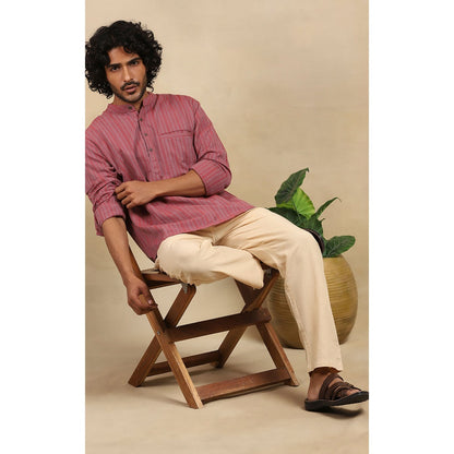 House of Chikankari Crafts Handloom Stripe Men Red Short Kurta