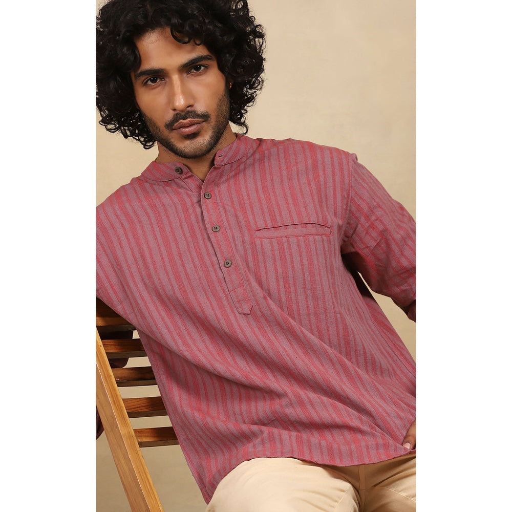 House of Chikankari Crafts Handloom Stripe Men Red Short Kurta