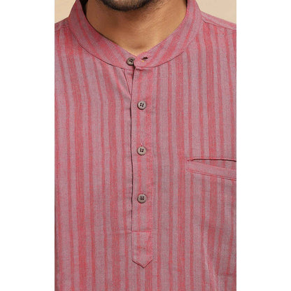 House of Chikankari Crafts Handloom Stripe Men Red Short Kurta