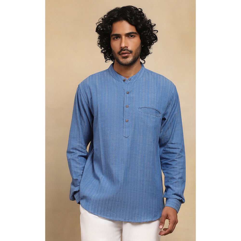 House of Chikankari Crafts Handloom Stripe Men Blue Short Kurta