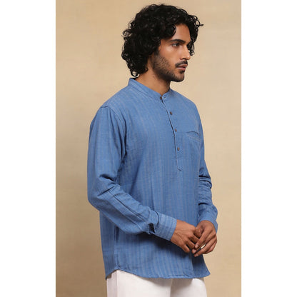 House of Chikankari Crafts Handloom Stripe Men Blue Short Kurta