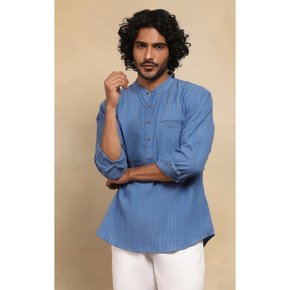 House of Chikankari Crafts Handloom Stripe Men Blue Short Kurta