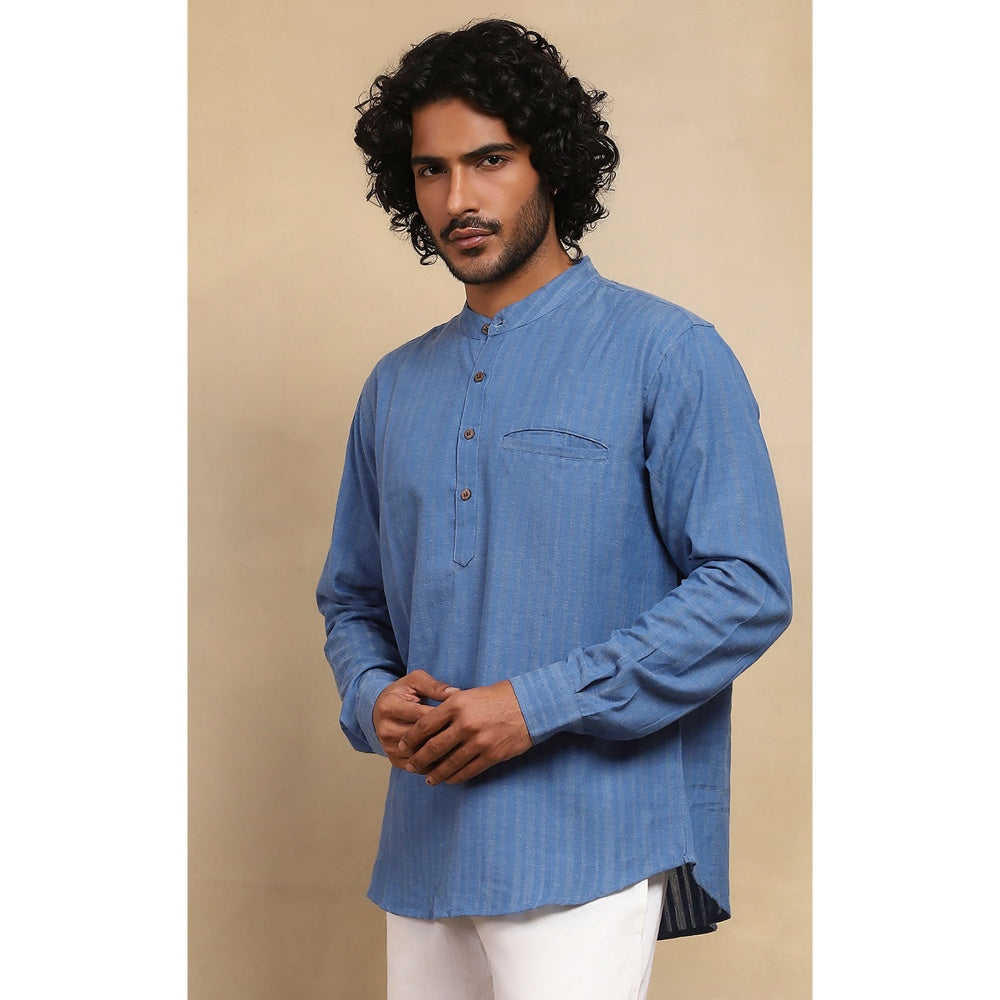 House of Chikankari Crafts Handloom Stripe Men Blue Short Kurta