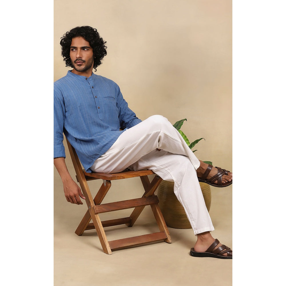 House of Chikankari Crafts Handloom Stripe Men Blue Short Kurta