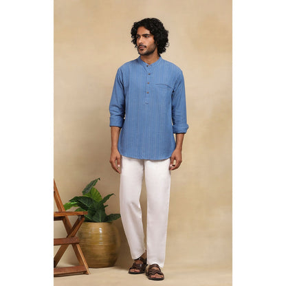 House of Chikankari Crafts Handloom Stripe Men Blue Short Kurta