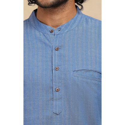 House of Chikankari Crafts Handloom Stripe Men Blue Short Kurta