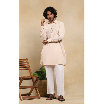 House of Chikankari Crafts Handloom Stripe Men Beige Short Kurta