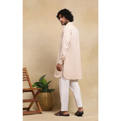 House of Chikankari Crafts Handloom Stripe Men Beige Short Kurta