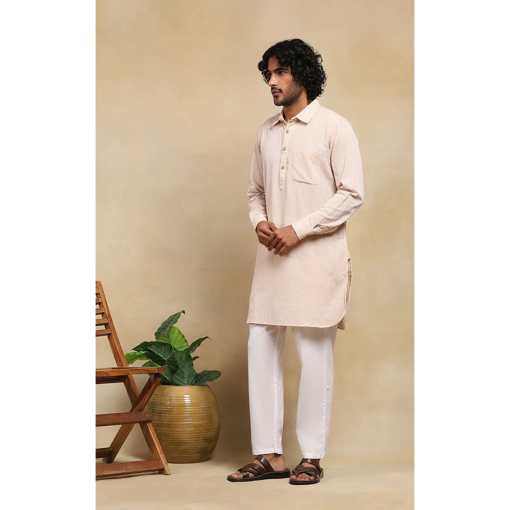 House of Chikankari Crafts Handloom Stripe Men Beige Short Kurta