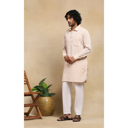 House of Chikankari Crafts Handloom Stripe Men Beige Short Kurta
